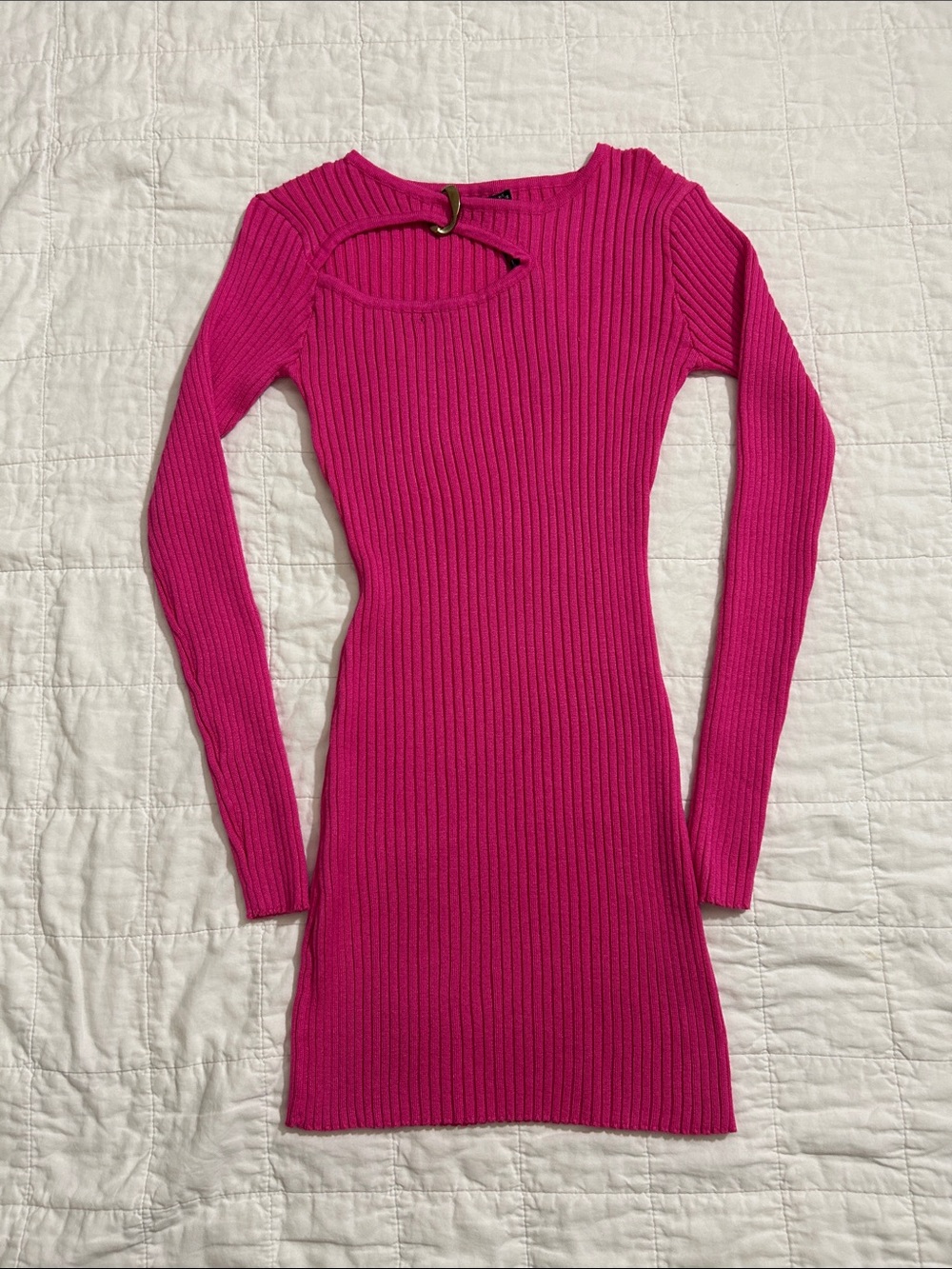 Nasty Gal Hot Pink Ribbed Long-Sleeve Bodycon Dress with Front Cutout